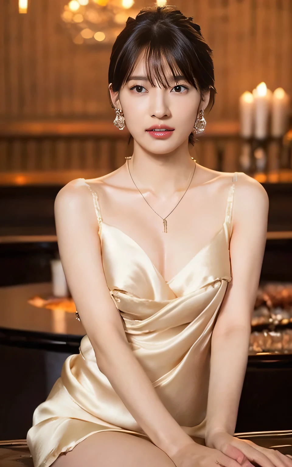 (Sexy milky silk mini dress, No bra, The shape of the nipples is visible, Spread your legs a little:1.5),

((Age 25, Elegant beautiful announcer, Sexy body, Naughty older sister, She flashes her breasts at me and tempts me:1.4)),
((Small breasts, Flat Chest:1.2)),
((She is touching my dick, Looking forward:1.2)),

((I love you?, I want to kiss you?, I want to fuck you?, cheat with me?:1.2)),
((Where are you touching? You&#39;re so naughty.！,Your dick is getting hard,You were thinking about something naughty:1.2)),

((The interior of a luxurious girls bar, Complete darkness, Candlelight:1.4)), 
((Just me and my girlfriend, She&#39;s sitting on my thighs, I kiss her, It feels so good to be kissed by her plump lips, I touch her boobs through her clothes, She gets so comfortable she gets totally naked, Her boobs are incredible, I gently lick her nipples, She climbs on top of me、I inserted my penis between her legs in the cowgirl position., Her moans get louder、I feel ecstasy, I also feel good、The pace of her hips gradually increases, Her face is so cute when she feels it :1.3)),

Eye focus, Narrow shoulders, Beautiful clavicle, Long, slender legs, The back of the hand is beautiful and feminine, 
Slender figure, A soft belly, Thin waist, 
Ultra detailed face, Ultra detailed breasts, Ultra-detailed skin, Fair skin, Glossy Skin, 

Ultra-detailed lips, Fuller lips, Glossy pink lips, Flushed Cheeks, White teeth, 
Beautiful actress&#39;s languid make-up, Pink lipstick, 
Dark Brown Hair, Delicate soft hair, 
(Put your hair up, Fluffy Short Bob:1.2), (Sweep your bangs to the side:1.2), 
(Stylish looking earrings,necklace:1.2), 
