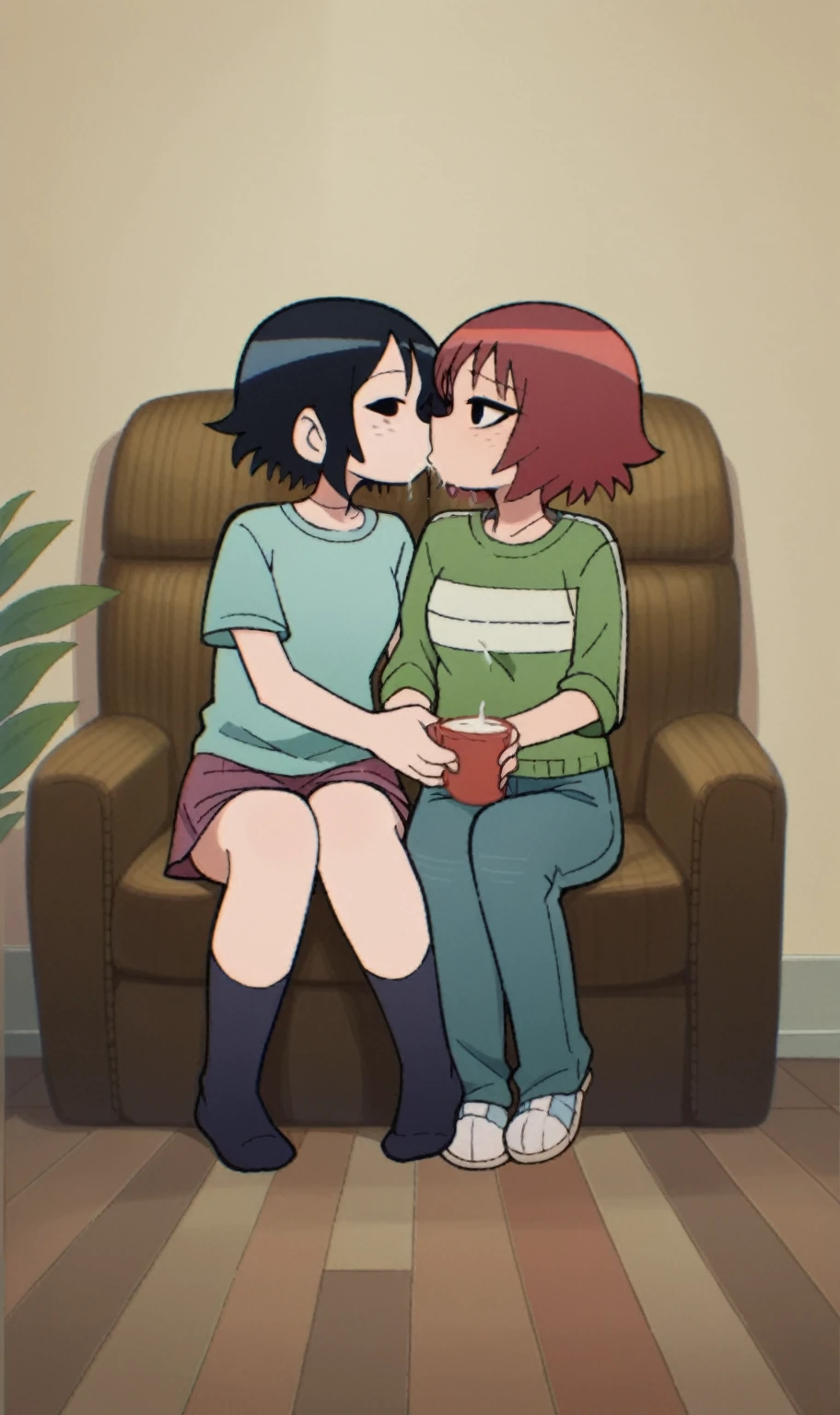 score_9, score_8_up, score_7_up,rating_explicit,source_cartoon, scottp, sketch, anime coloring, black eyes,
2girls, full body, casual, sitting, on couch, happy, plant, kissing, shy, saliva, grab breasts another girl, hugging,
BREAK Kim, red hair, short hair, freckles
BREAK Chau, black hair, side ponytail, lies on back,