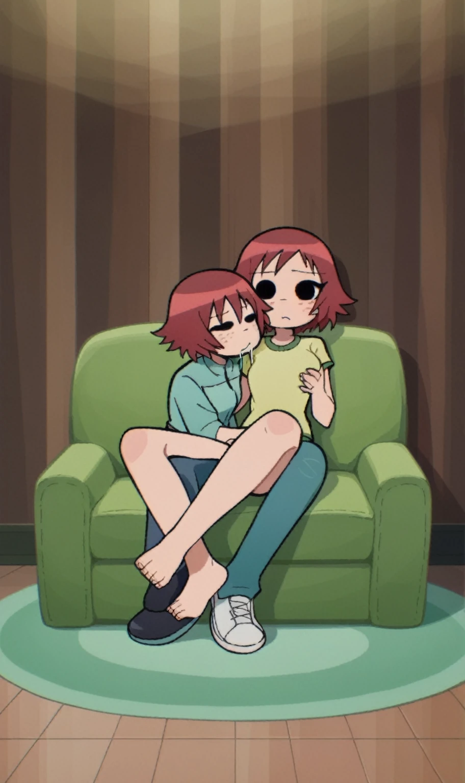 score_9,  score_8_up, score_7_up,rating_explicit,source_cartoon,  scottp, sketch, anime coloring, black eyes, 
2girls, full body, lace bra, lace panties, sitting, on couch, happy, plant, kissing, shy, saliva, grab breasts another girl, hugging, 
BREAK Kim, red hair, short hair, freckles
BREAK Chau, black hair, side ponytail, lies on back,