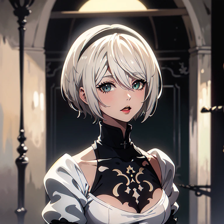 2B, 1 chica, solo, pelo corto, culo, arma, pelo blanco, diadema, desnuda, diadema negra, lunar debajo de la boca, mostrando el culo al espectador, obra maestra, gran culo, desnuda mostrando el culo