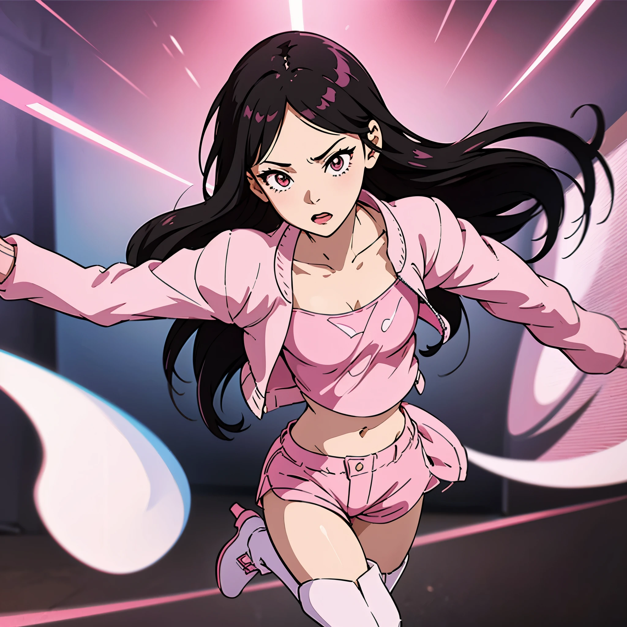 digital art drawing, illustration of (girl, long dark black hair mid part, brown eyes, sexy facial expression, flat chest, light pink crop tube top, light pink jacket, light pink shorts, light pink long boots, cyberpunk background), anime drawing/art, bold linework, illustration, digital art, masterpiece, flat illustration, no shadows, 8k resolution, high detail, vector art, only anime, perfect eyes, perfect hands, perfect fingers, sharpness, high clarity, medium close up, high fidelity