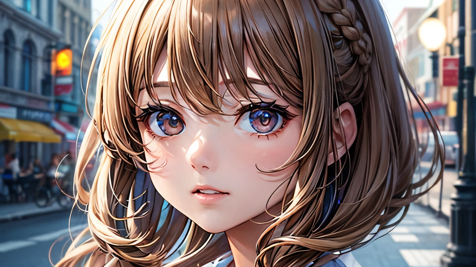 One woman : 1.3, Light brown hair: 1.2, , night: 1.2,On a sunny street corner: 1.1, Cinema Lighting, Ultra-high resolution, Accurate, Super detailed, Textured skin, High detail, highest quality, 8k,Thin bangs,Upper Body,Thick body, Well-drawn eyes, Focus on the face,summer,A cute light-colored dress,Detailed hair depiction,Detailed depiction of eyes、Detailed depiction of hair、