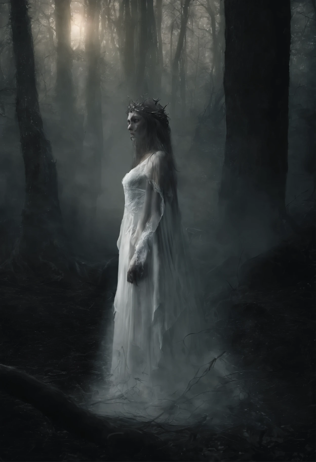 arafed image of a woman in a white dress standing in a forest, a stunning young ethereal figure, fairy cgsociety, ethereal angelic being of light, glowing angelic being, ethereal!!!, beautiful depiction, enchanted with nature spirit, beautiful fantasy art, very beautiful fantasy art, white glowing aura, ethereal!!!!!!!, faerie, ethereal fantasy, forest fae