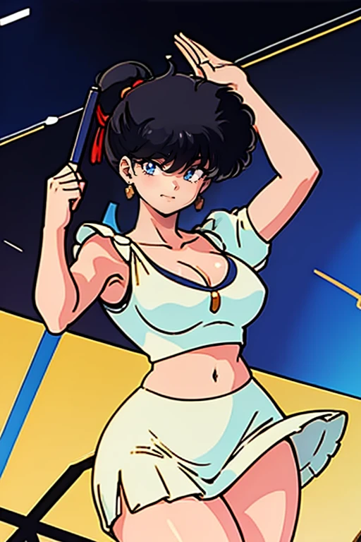 masterpiece,highest quality,Detailed, 1girl, solo girl, black hair, black eyes, Narrow eyes, ((sidetale))
, smiling, holding a mike, singing, music notes, Concert hall, stage, idol, idol outfit,  Yellow Hair Ribbon,Skirt with ruffles,Yellow Skirt,Big Breasts,No sleeve,V-neck Cleavage,Open chest,Thick thighs,1990s,Ranma,arm pit,Long legs,Raise your left hand,Belly button,White panties,Muscular legs standing with legs apart

