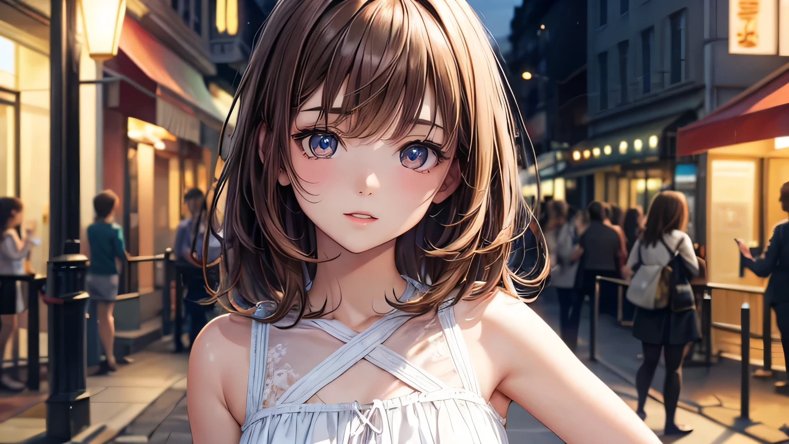 One woman : 1.3, Light brown hair: 1.2, , night: 1.2,On a sunny street corner: 1.1, Cinema Lighting, Ultra-high resolution, Accurate, Super detailed, Textured skin, High detail, highest quality, 8k,Thin bangs,Upper Body,Thick body, Well-drawn eyes, Focus on the face,summer,A cute light-colored dress,Detailed hair depiction,Detailed depiction of eyes、Detailed depiction of hair、