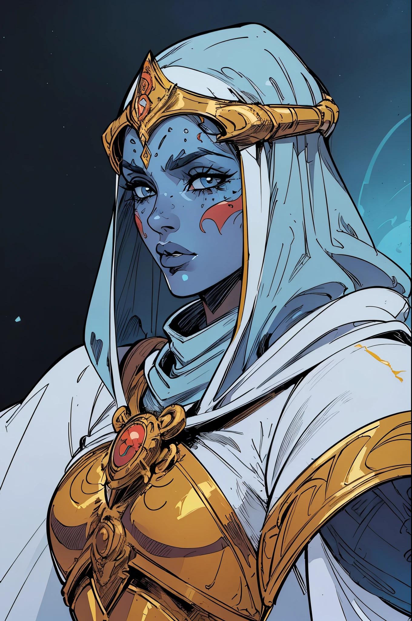 mulher cruzada, armadura bonita detalhada completa, ((cocar elegante sobre capuz)), pele azul, ((cicatrizes ao redor da boca)), fantasia, SCI-FI, muscular, (androgynous facial features), no estilo de Jean Giraud,