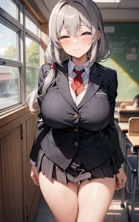 absurd:1.8, ((School:1.2)), (National Foundation), (School uniform:1.2, Casual suits:1.4)、(、Gray hair, The hair on one side is very long:1.4,), Unity 8k Wallpaper, masterpiece, Detailed hair, Very detailed, ((Uzaki Moon, Close your eyes, Large Breasts、sock)), ( A faint smile, Awkward、blush:1.3),(((Large Breasts、Breast sagging、Low-cut，Cleavage ，Wide hips,)))((Long legs)),Hourglass figure)),
