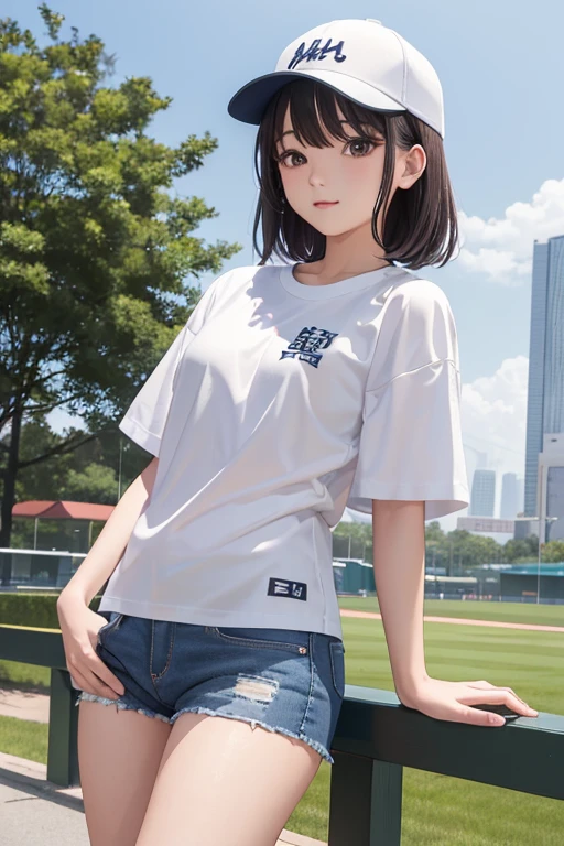 highest quality、masterpiece、High sensitivity、High resolution、Baseball cap、White shirt、Shorts、Thin thighs、Small Boobs、
