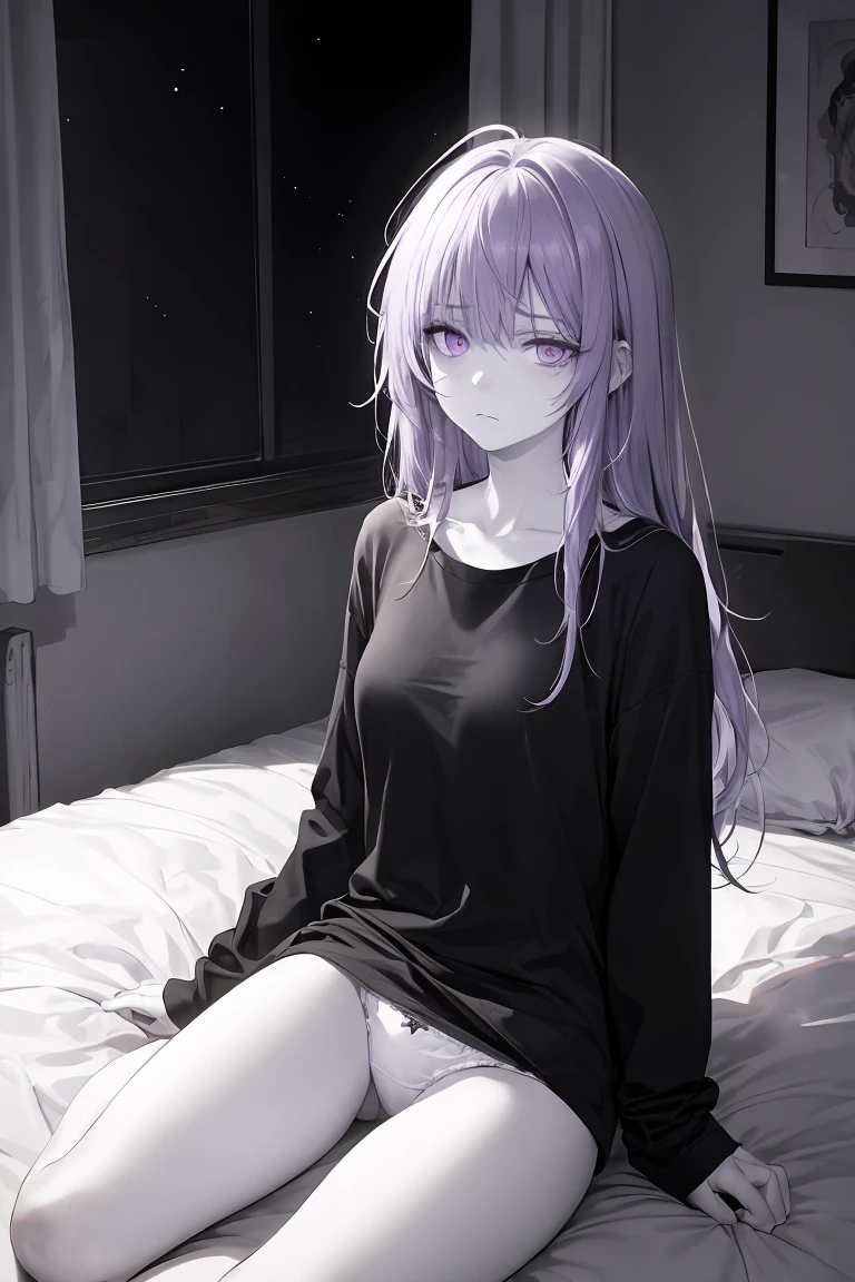 older woman, mature, middle-aged, solemn, serious, long hair, lavender hair, lavender hair, messy hair, messy hair, violet eyes, completely white skin, white skin, colorless white skin, no skin color, skin literally white, blank expression dark eye sockets, long plain black t-shirt, no pants, indigo panties, dark, dark bedroom, abandoned bedroom, night, dim light, dark lighting, dark, dark, dark, night, night, night