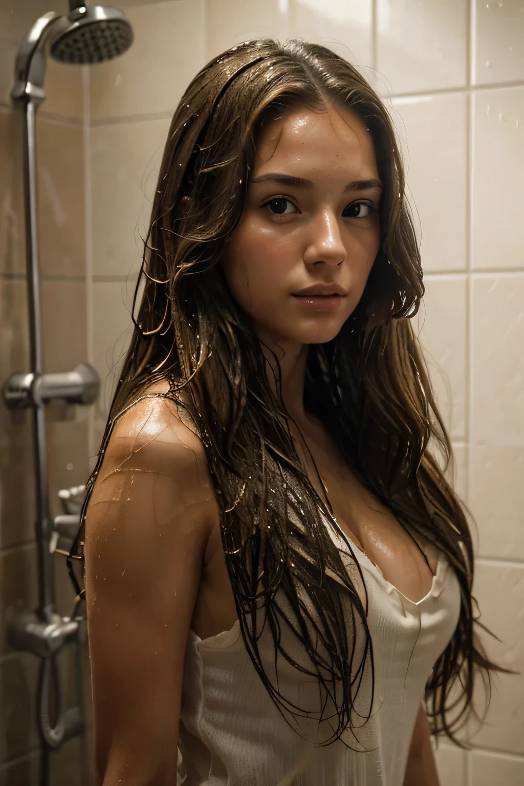 ((Best quality)), ((masterpiece)), (detailed), perfect face of a girl with beautiful long brown hair in the shower,