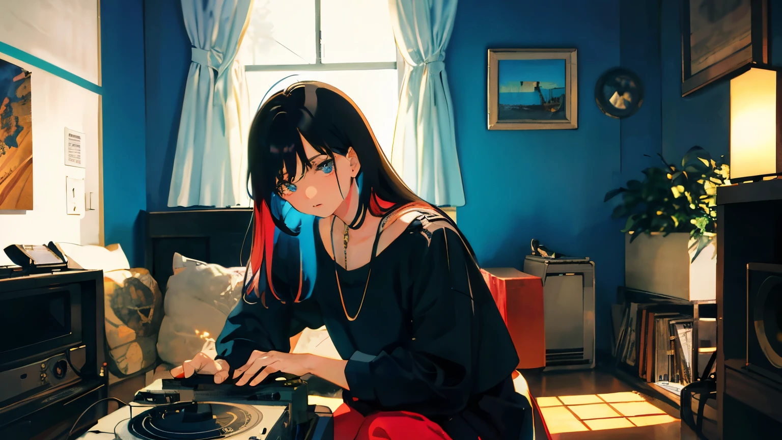 A masterpiece, top quality, a woman sitting by the window of an old apartment, enjoying LOFI music playing from a vintage record player, depicted in the 1980s Japanese anime style. Featuring a young woman with large expressive eyes, voluminous black hair with bangs, and casual, colorful clothing, the image should capture a nostalgic and dramatic mood with the saturated colors and detailed expressions characteristic of 1980s anime. Images are set in 16:9 aspect ratio.