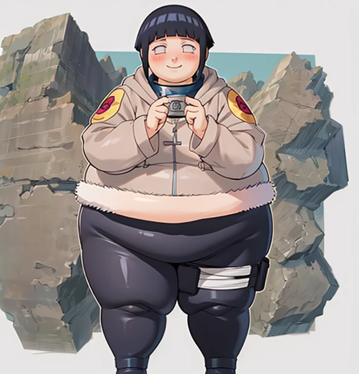 standing, shy, smile, blush, solo, 1girl, obese hyuuga hinata, thick thighs, perfect body, black hair, short hair, white eyes, no pupils, small breats, black pants, jacket, hand squeezing cheeks, ultra detailed, masterpiece, best quality, aesthetic, detailed, white background