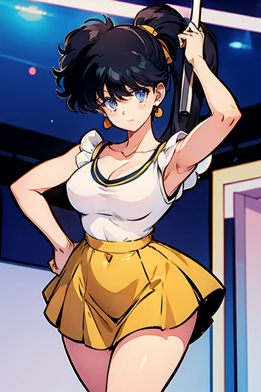 masterpiece,highest quality,Detailed, 1girl, solo girl, black hair, black eyes, Narrow eyes, ((sidetale))
, smiling, holding a mike, singing, music notes, Concert hall, stage, idol, idol outfit,  Yellow Hair Ribbon,Skirt with ruffles,Yellow Skirt,Big Breasts,No sleeve,V-neck Cleavage,Open chest,Thick thighs,1990s,Ranma,arm pit,Long legs,Raise your left hand,Belly button,White panties,Muscular legs standing with legs apart

