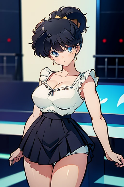 masterpiece,highest quality,Detailed, 1girl, solo girl, black hair, black eyes, Narrow eyes, ((sidetale))
, smiling, holding a mike, singing, music notes, Concert hall, stage, idol, idol outfit,  Yellow Hair Ribbon,Skirt with ruffles,Yellow Skirt,Big Breasts,No sleeve,V-neck Cleavage,Open chest,Thick thighs,1990s,Ranma,arm pit,Long legs,Raise your left hand,Belly button,White panties,Muscular legs standing with legs apart

