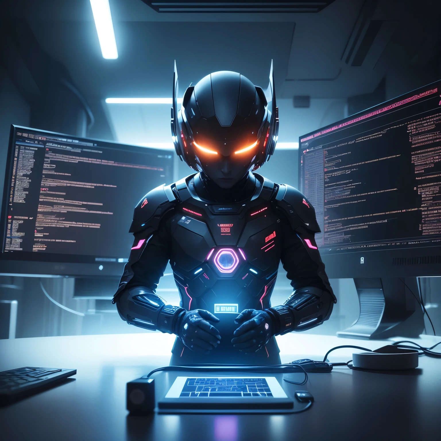 a high-tech computer screen displaying complex programming code, 3d render, cinematic lighting, highly detailed, photorealistic, 8k, ultradetailed, masterpiece, dramatic lighting, realistic reflections, glowing interface, futuristic technology, neon lights, minimalist design, clean user interface