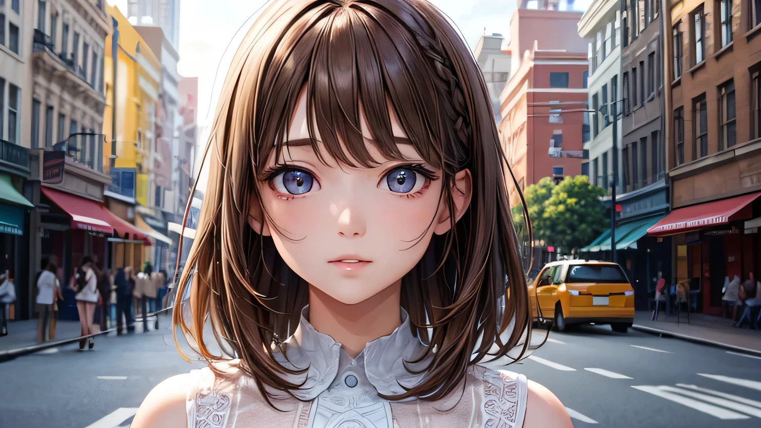 One woman : 1.3, Light brown hair: 1.2, , 1.2,On a sunny street corner: 1.1, Cinema Lighting, Ultra-high resolution, Accurate, Super detailed, Textured skin, High detail, highest quality, 8k,Thin bangs,Upper Body,Thick body, Well-drawn eyes, Focus on the face,summer,A cute light-colored dress,Detailed hair depiction,Detailed depiction of eyes、Detailed depiction of hair、