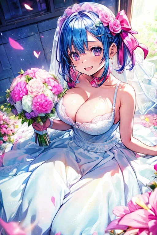 1girl,solo,cute,big smile,wedding dress,under wear,cleavage,have a bouquet,gorgeous,vivid color,brilliant,pink,silver,blue