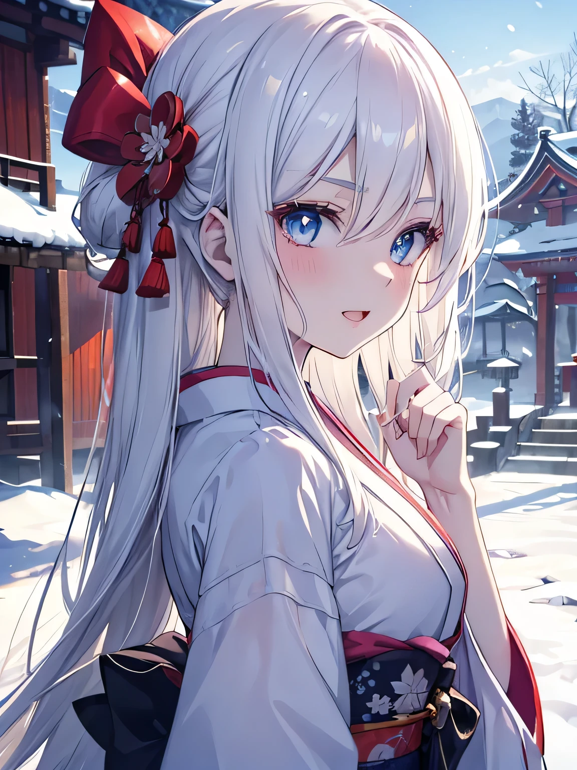 masutepiece, Highest Quality, (Perfect face:1.1), (high detailing:1.1), (ultradetailed eyes), Dramatic, superfine illustration, Extremely detailed, 1girl in, (pale skin), long white hair, Ethereal eyes, Blue eyes,tareme, (light eyebrow),blush,Solo,Smile, Happy, Laugh, Enjoy, Open mouth, Pouty lips,Cinematic lighting, looking for viewer,From Side,Cowboy Shot,Kimono,plein air,shrines,Winter background