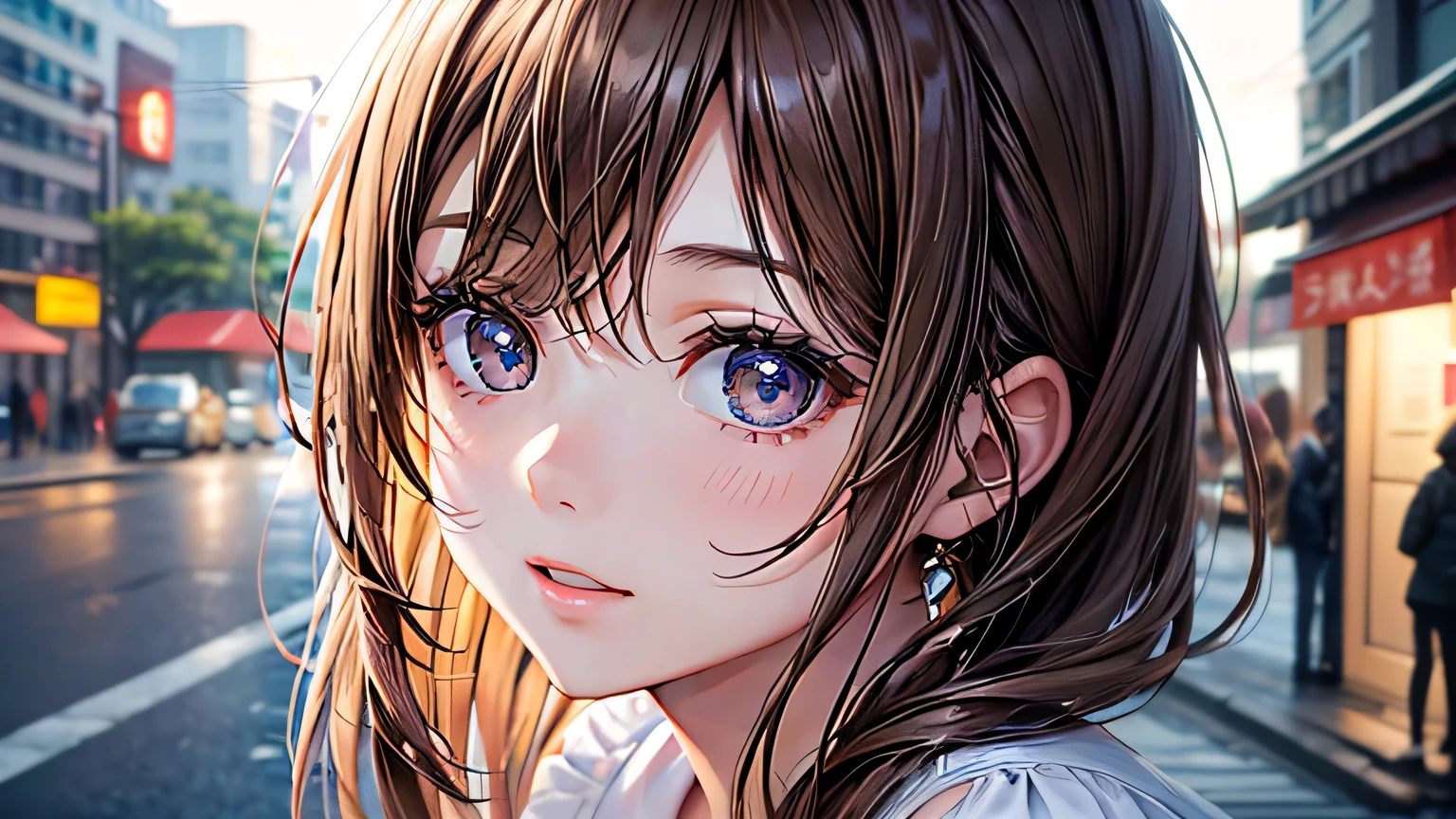 One woman : 1.3, Light brown hair: 1.2, , night: 1.2,Asahi,On a street corner early in the morning: 1.1, Cinema Lighting, Ultra-high resolution, Accurate, Super detailed, Textured skin, High detail, highest quality, 8k,Thin bangs,Upper Body,Thick body, Well-drawn eyes, Focus on the face,summer,A cute light-colored dress,Detailed hair depiction,Detailed depiction of eyes、Detailed depiction of hair、