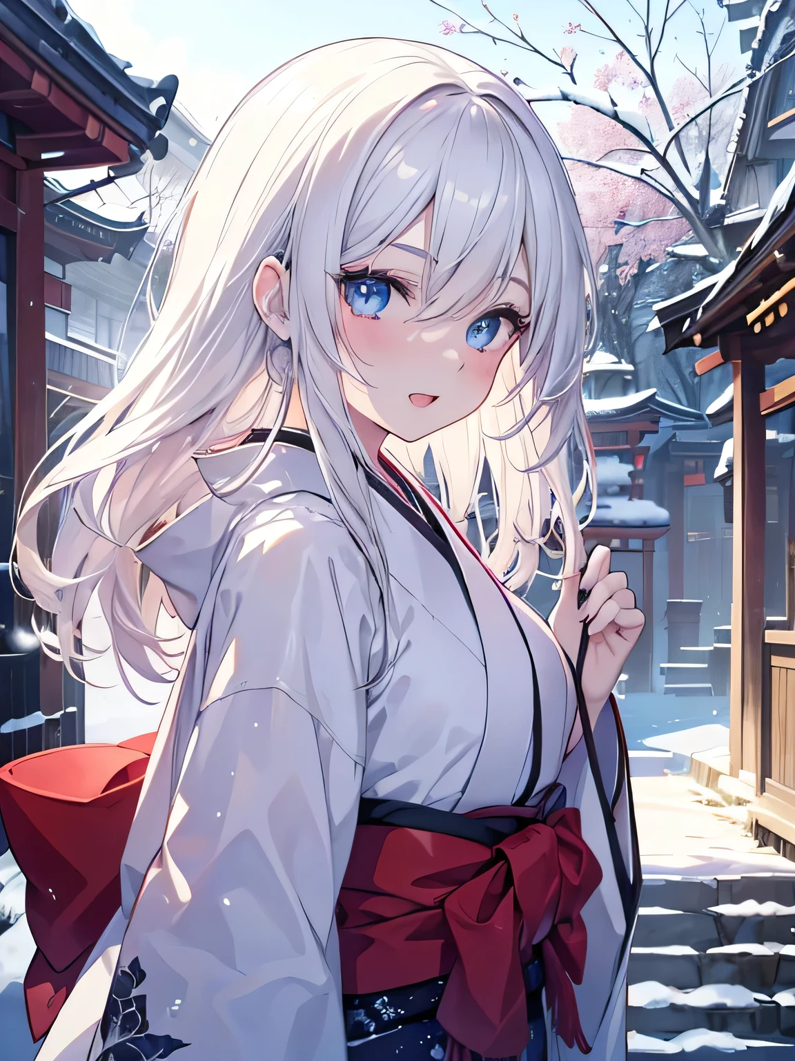 masutepiece, Highest Quality, (Perfect face:1.1), (high detailing:1.1), (ultradetailed eyes), Dramatic, superfine illustration, Extremely detailed, 1girl in, (pale skin), long white hair, Ethereal eyes, Blue eyes,tareme, (light eyebrow),blush,Solo,Smile, Happy, Laugh, Enjoy, Open mouth, Pouty lips,Cinematic lighting, looking for viewer,From Side,Cowboy Shot,Kimono,plein air,shrines,Winter background