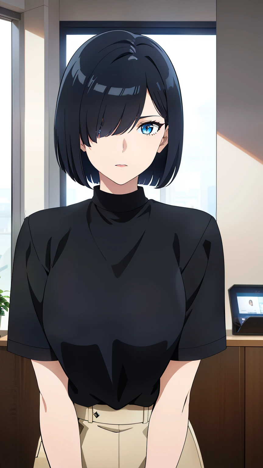 (best quality:1.5, highres, UHD, 4K, detailed lighting, shaders), black hair, bob cut, hair covering one eye, cool woman, cool girl, Slender Eyes,, blue eyes, beautiful, indoors background, casual clothes