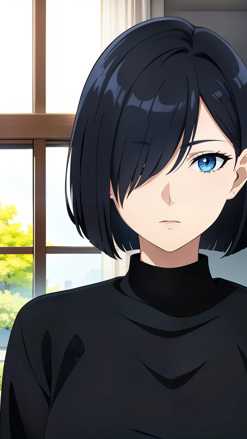 (best quality:1.5, highres, UHD, 4K, detailed lighting, shaders), black hair, bob cut, hair covering one eye, cool woman, cool girl, Slender Eyes,, blue eyes, beautiful, indoors background, casual clothes