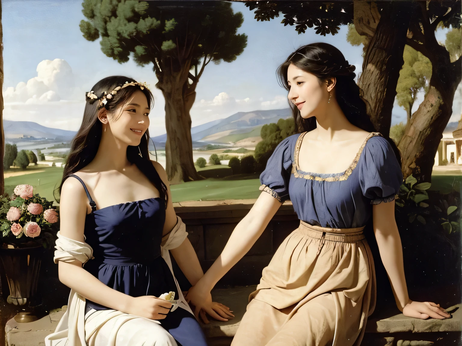 full body portrait or statue、Giorgione painting style,Arguments of two female Philosophe,math、astronomical machine、astronaut、roses in vase、fruits、Cute trinkets、smile、ancient greek costume、Ancient Roman landscape in the style of Nicolas Poussin,laughter,,Sweet and seductive appearance.、Caravaggio's paintings、Chiaroscuro of Caravaggio、hair tousled by the wind,Two women frolicking,cute smile, expression of ecstasy,Sexy,erotic