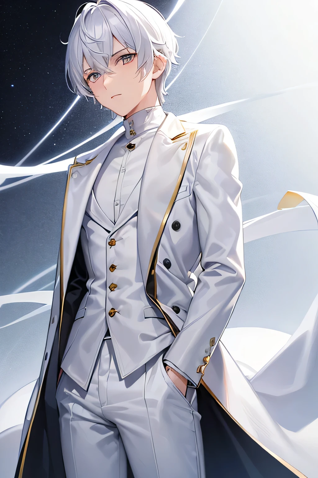 A boy with silver hair and golden eyes wears a white turtleneck、White trousers、white trench coat