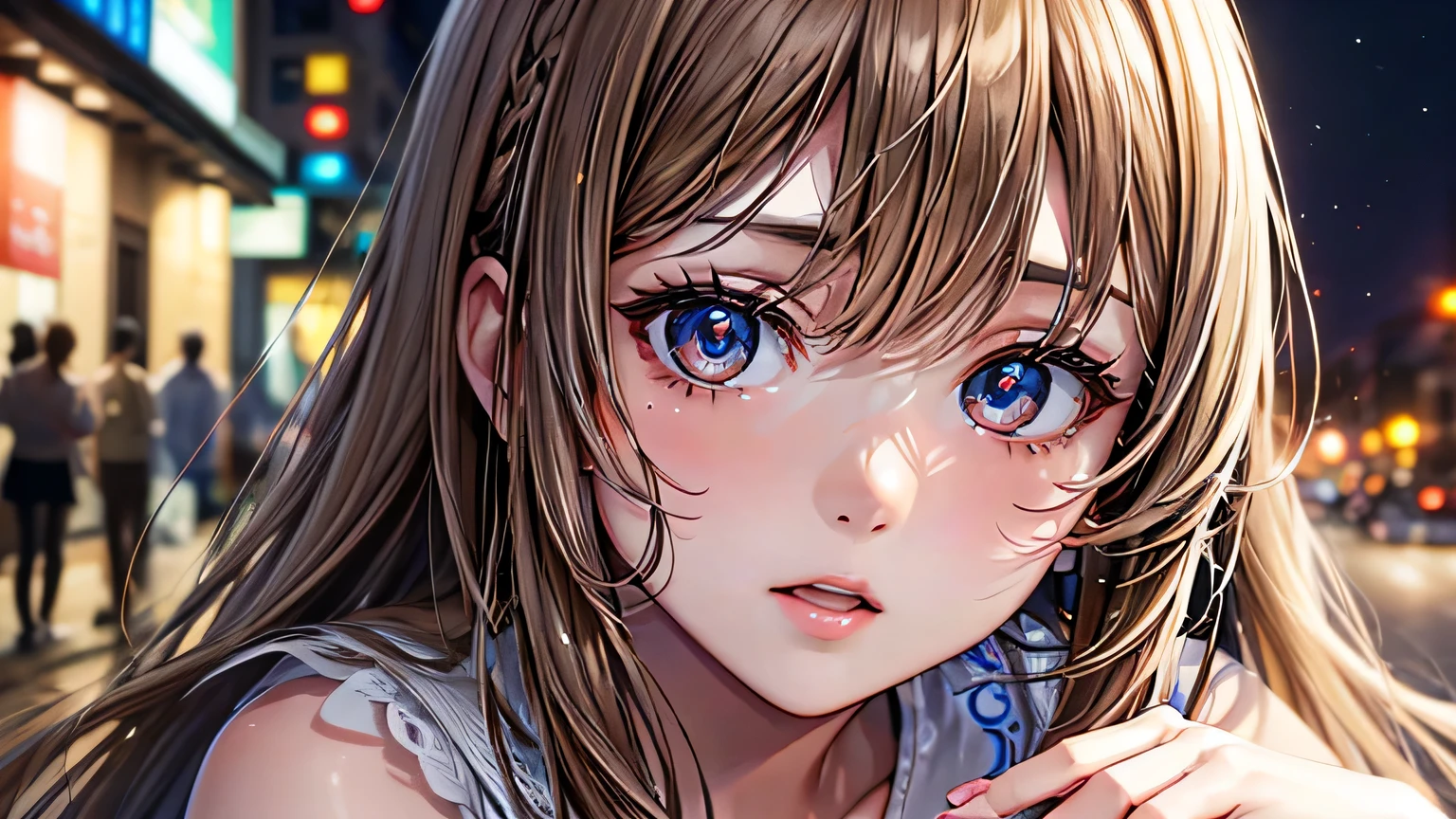 1 woman,cowboy shot, (전신 샷 구도), piercer,long brown hair,yellow mesh hair,expressionless,glowing line jacket,black bikini,face focus,face close up,from the side,looking at viewer, in school,after school,erotic, multi color gradient,purple,blue,Red,starry sky, lovley, deep digital painting layer,soft ambient lighting,vivid colors,fluid watercolor technique, (absurd, incRedibly absurd, Add layer, panoramic view:1.2), 사이버펑크 분위기 믹스, chest concentration, ,buruma, gym uniform, 아주 매끄러운 드로잉 선 윤곽, 아주 깔끔한 드로잉 선 윤곽, beautiful cell anime style paint, 스타일리시 아니메 스타일