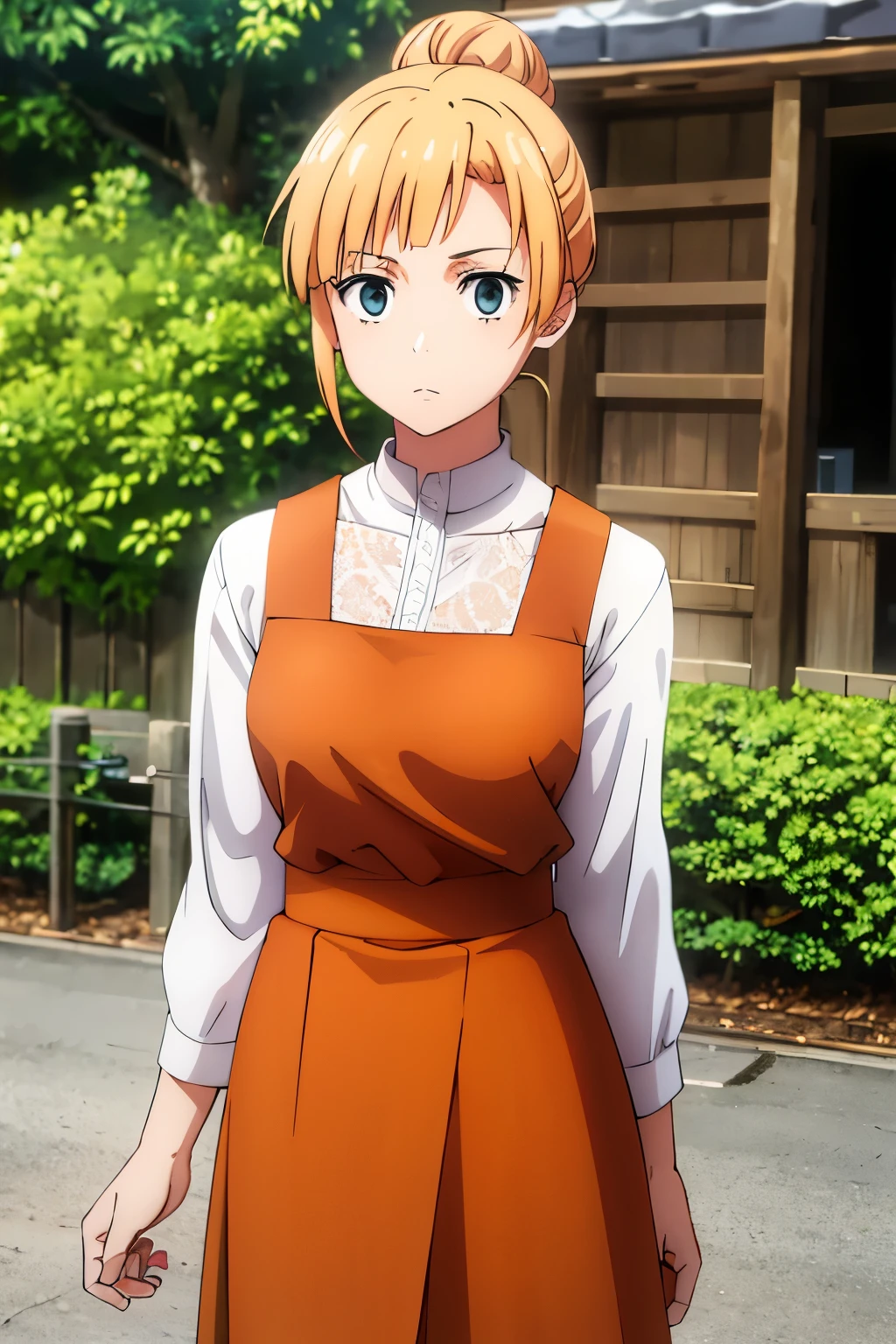 orange hair tied in a bun, white lace blouse, green eyes and long brown skirt, anime, detailed.
