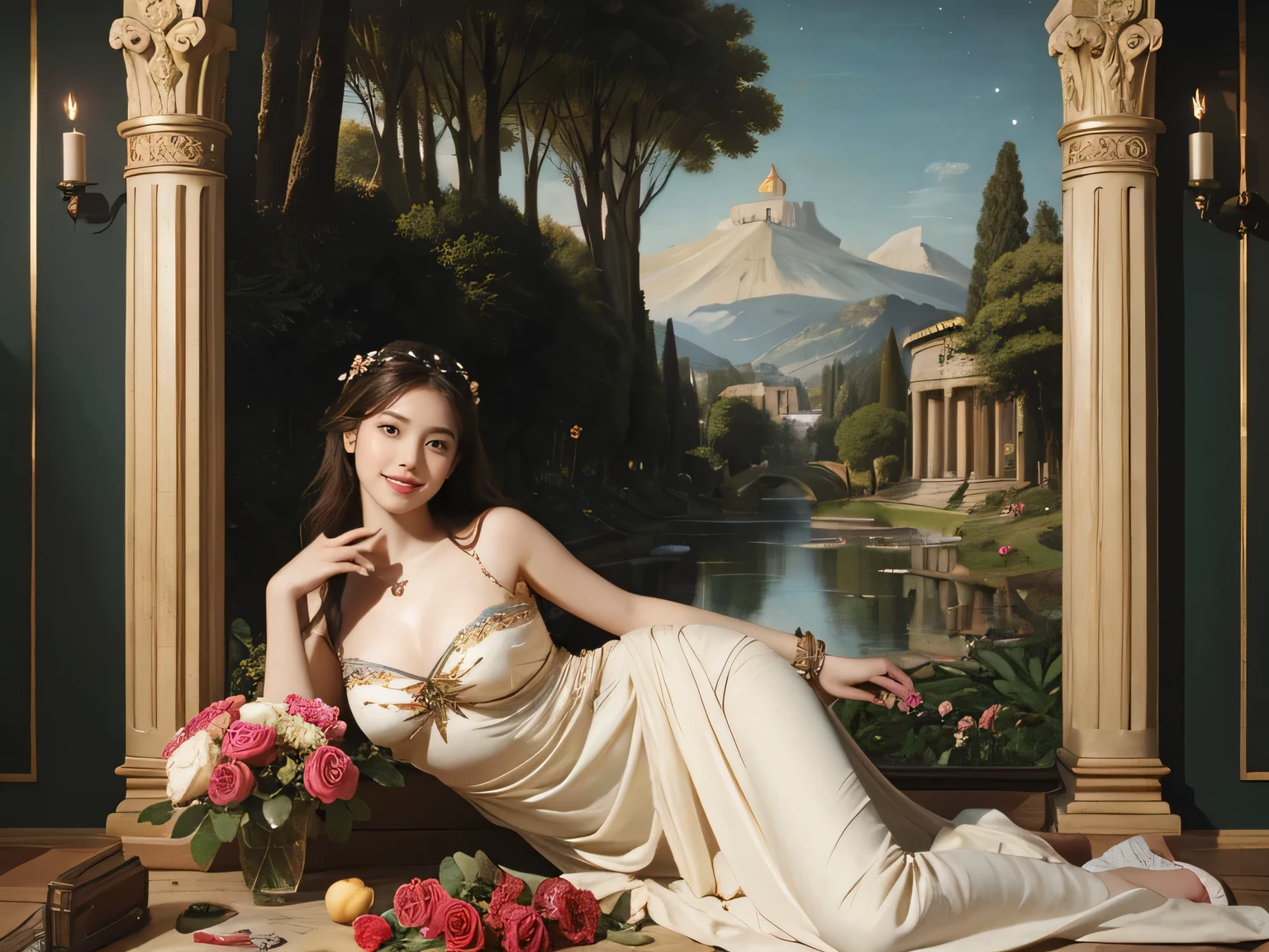 Giorgione painting style,Arguments of two female Philosophe,math、astronomical machine、astronaut、roses in vase、fruits、Cute trinkets、smile、ancient greek costume、Background is a forest lake at night 、Clothes that stretch your shoulders、A big smile、beautiful bare skin、A detailed representation of the seducing woman throughout her body.