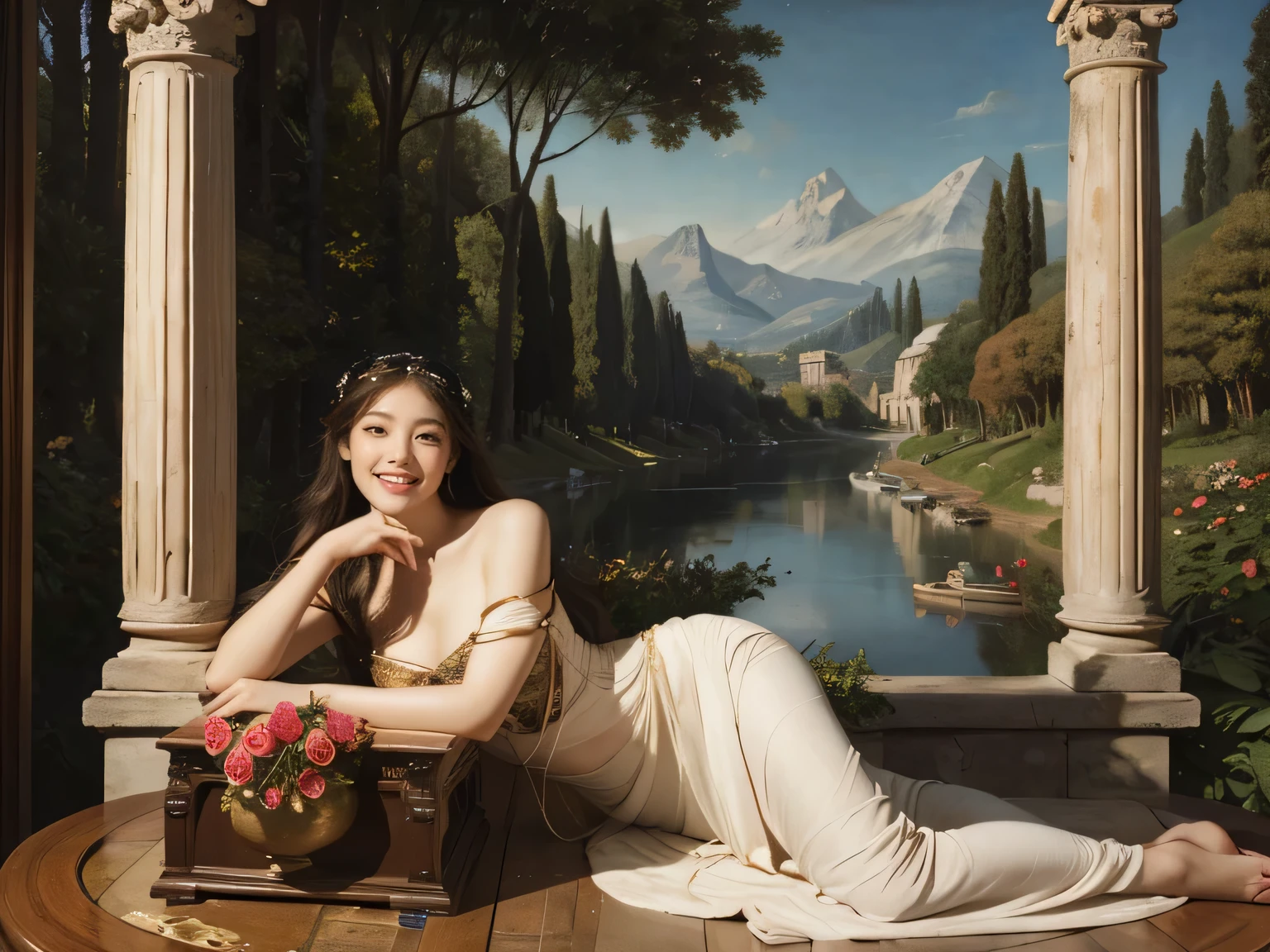 Giorgione painting style,Arguments of two female Philosophe,math、astronomical machine、astronaut、roses in vase、fruits、Cute trinkets、smile、ancient greek costume、Background is a forest lake at night 、Clothes that stretch your shoulders、A big smile、beautiful bare skin、A detailed representation of the seducing woman throughout her body.