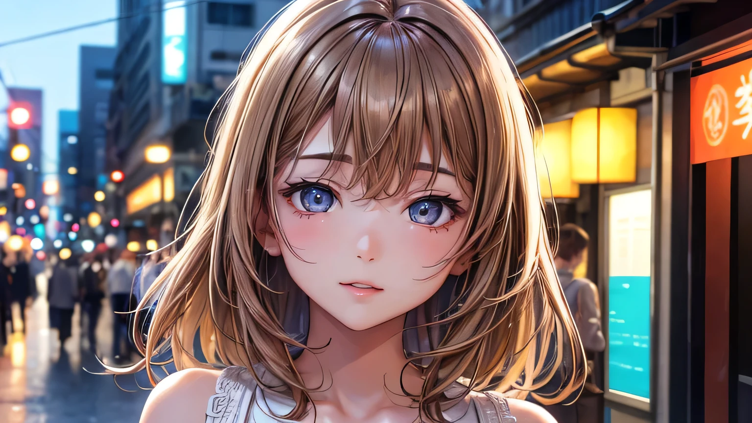 One woman : 1.3, Light brown hair: 1.2, , night: 1.2,Asahi,On a street corner early in the morning: 1.1, Cinema Lighting, Ultra-high resolution, Accurate, Super detailed, Textured skin, High detail, highest quality, 8k,Thin bangs,Upper Body,Thick body, Well-drawn eyes, Focus on the face,summer,A cute light-colored dress,Detailed hair depiction,Detailed depiction of eyes、Detailed depiction of hair、