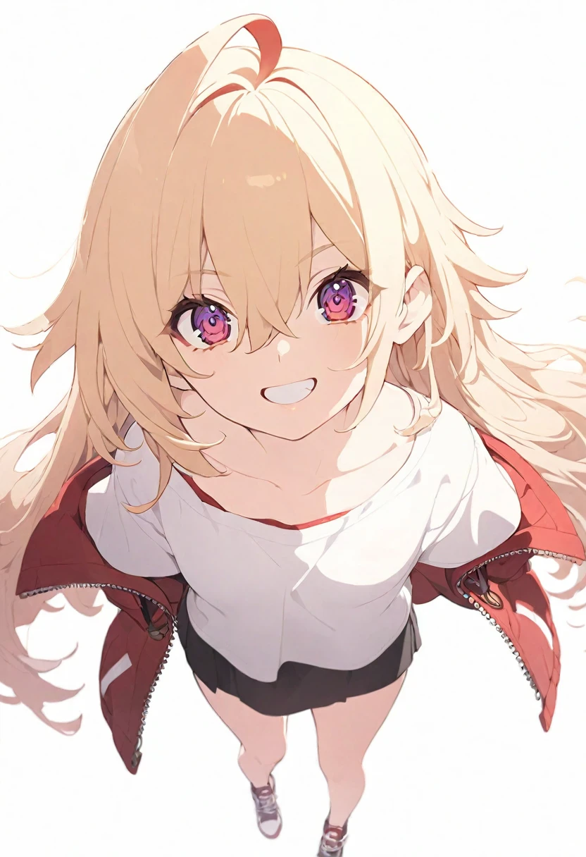 (muste piece), (best quality), very detailed eyes, expressive eyes, perfect face, very detailed face, highly detailed face, beautiful girl, (solo full body shot:1.3), Extremely exquisite and beautiful two-dimensional exquisite painting style, Extremely delicate and delicate, 8K high quality, CG wallpaper, HD, Front view, character portrait, Full body composition, (pure white background background), 
1 girl, vtuber style, cool girl, blond middle hair, blond straight hair, small ahoge, amber eyes, sharp eyes, sharp gaze, hair between eyes, yaeba, Yae Teeth, white t-shirt, oversize T-shirt, red jacket, unzipped jacket, small chest, cropped shoulders, clavicle, grin, bare feet, chest visible through clothes, sneakers, (full body), looking at viewer, standing, white background,