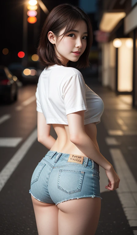 8K, masterpiece, Raw photo, highest quality, Realistic, Highly detailed CG integrated with 8K, 8K, diamond, And wallpaper, Depth of written boundary, Cinematic Light, Lens flare, Ray Tracing, (Very beautiful face, Beautiful Lips, Beautiful Eyes), Intricately detailed face, ((Highly detailed skin)) 1 Girl, Cute Korean Girl, K-POPアイドル,Nape, Ultra-detailed, Surreal, Highly detailed CG illustration, Official Art, Cinematic Light, Realistic, Young and beautiful girl, Perfect figure, Perfect figure, Full POV, Perfect body, (Starts with:1.3), 卑猥なPause,(Giant tit:1.0), Long and sexy legs, (Thigh Gap:1.5),Wide ass,have confidence, Beautiful sexy, White short sleeve, Open abdomen, big, Lightweight denim shorts, S-shaped body, Upward-facing buttocks,上でPauseをとる,Pause,Different Perspectives,Watching the audience, (Pale skin), (Big eyes),(Smile:0.8),Turn back, Buckshot,(Night Street Corner:1.5)