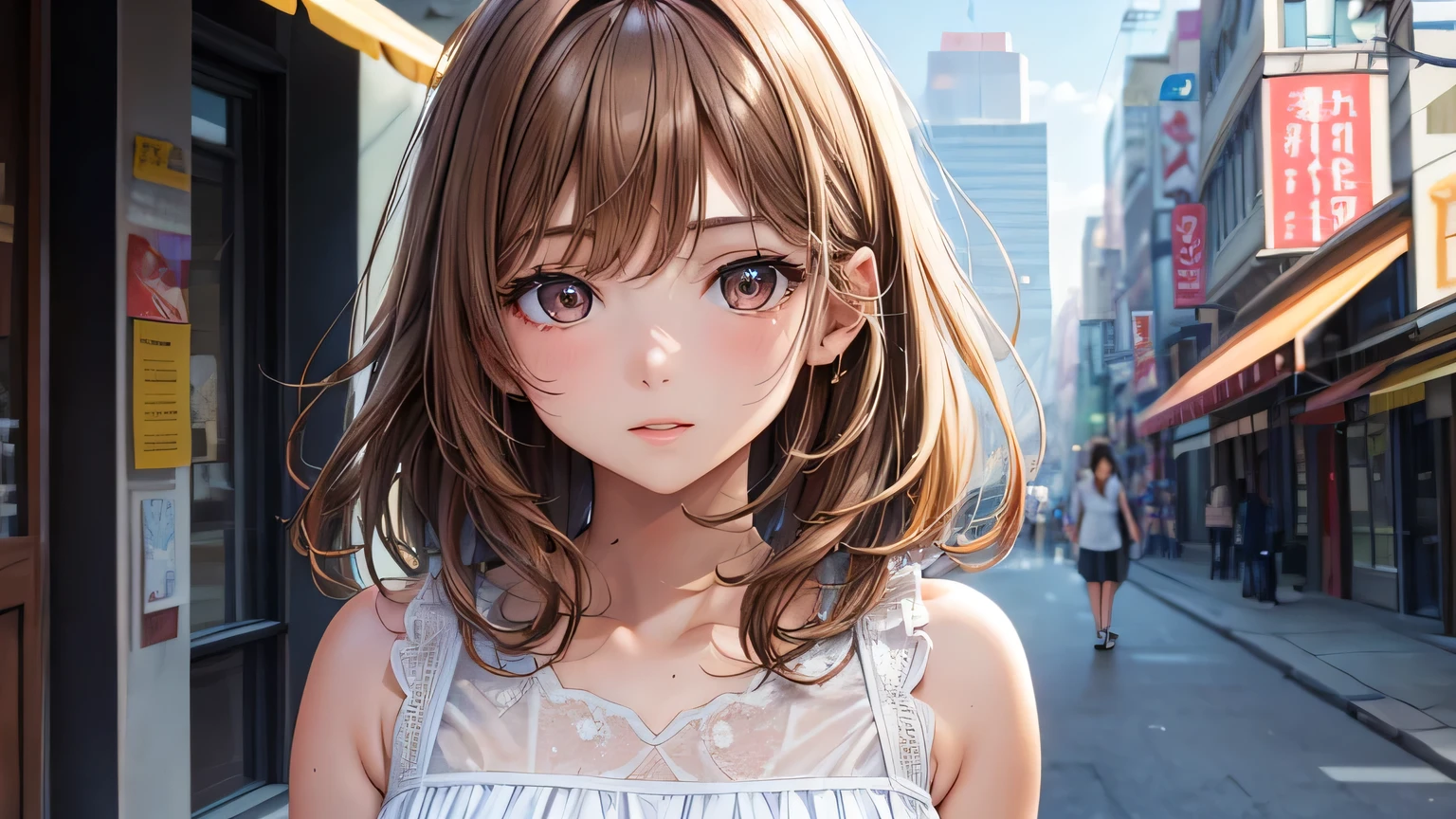 One woman : 1.3, Light brown hair: 1.2, 1.2,Asahi,On a street corner early in the morning: 1.1, Ultra-high resolution, Accurate, Super detailed, Textured skin, High detail, highest quality, 8k,Thin bangs,Upper Body,Thick body, Well-drawn eyes, Focus on the face,summer,A cute light-colored dress,Detailed hair depiction,Detailed depiction of eyes、Detailed depiction of hair、