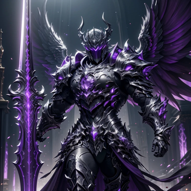 master piece, best quality, 4k, (master piece:1.5), (best quality:1.5), 8k,wallpaper, Full Body, ethereal lighting, sharp focus, A Muscular male dark fantasy knight wearing an intricate elaborated baroque black armor with purple ornaments, purple glowing lines accents, holding a purple greatsword, statue of an angel behind, city hall background