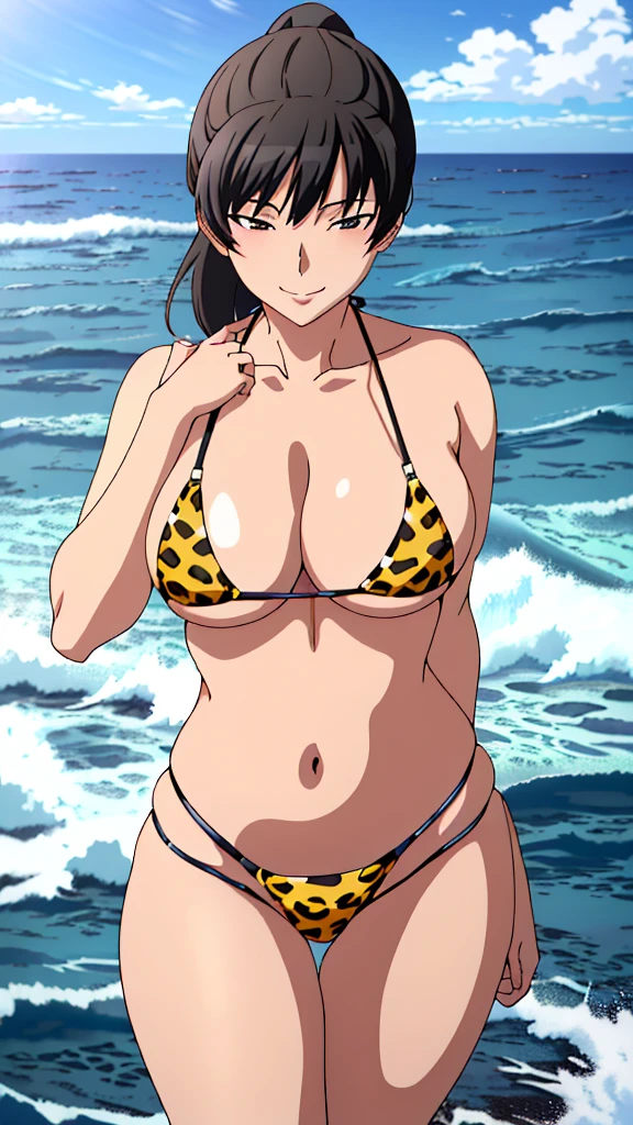 (masterpiece, 4K, highest quality, anime style: 1.9, Detailed face, Lovely, Ocean,Bold Line, High resolution, anime, alone, Curvaceous, Thighs, Cleavage, Center of chest, smile, Very slim belly, Cowboy Shot,Leopard print bikini,1 girl, Hibiki Tsukahara, Black Hair,Backwards