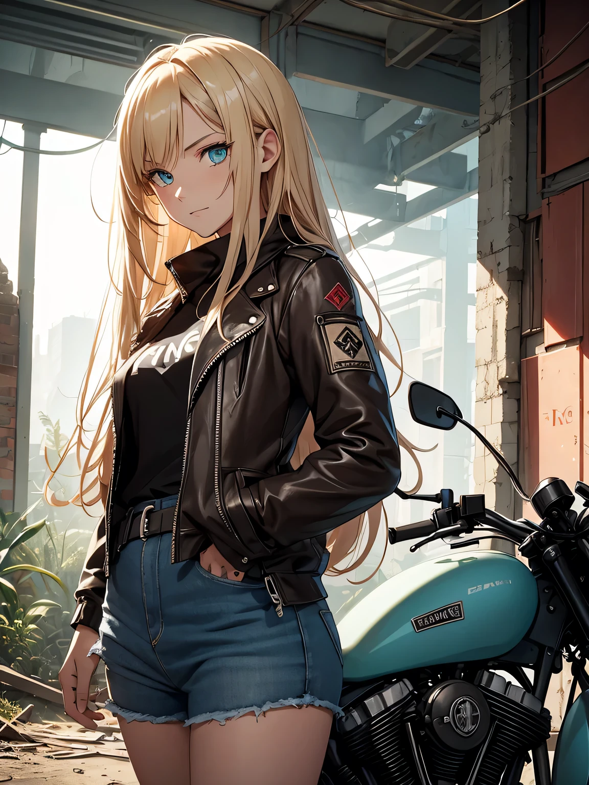masterpiece, best quality,1girl,(watercolor painting):1.2,pencil sketch,BREAK,18 years old, (jitome), delicious flat chest, (cyan eyes):1.2, long hair, strait hair,blond hair,empty_eyes,BREAK(red_rune_forehead_tattoo):1.8,(put pilot goggles on head),BREAKdark green long-sleeved shirt,black denim shorts, fingerless gloves, Leather boots,Hip Hop, Punk Look, Chain, darkbrown leather jacket,Expressionless,small smile,BREAKA photorealistic image of a young girl, Eliana, about 18 years old, riding her vintage 1970s-style motorcycle through the ruins of an abandoned city at dusk. The scene captures her in a cowboy shot, riding intently through the decaying urban landscape. The ruins are filled with crumbled buildings, overgrown vegetation, and scattered debris, providing a stark contrast to the magical glow emanating from her motorcycle. Eliana is in side profile, focused on her path, her long blonde hair flowing behind her. The background conveys a sense of desolation and mystery, enhancing the post-apocalyptic fantasy setting.BREAKmasterpiece, best quality, ultra detailed, highres,4k,(ultra-detailed:1.4), newest,BREAKduch angle,cowboy shot,