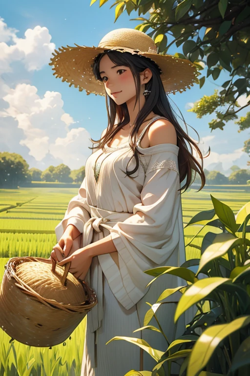 highest quality、masterpiece、High sensitivity、High resolution、rice planting、Farmer、Straw hat、