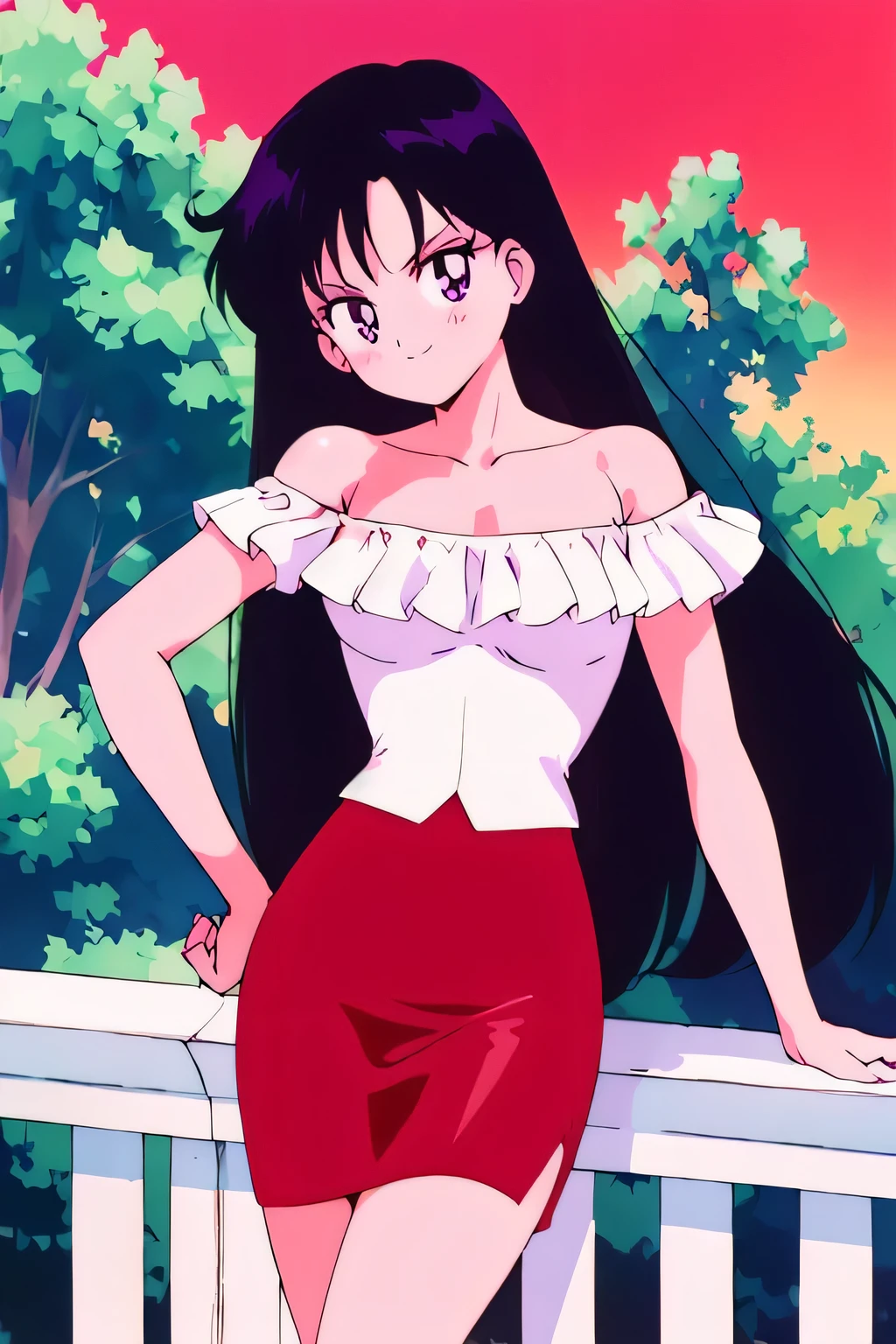 aamars, very long hair, black hair, parted bangs, purple eyes, 1990s \(style\), 1 girl, solo, Best quality, masterpiece, High Definition, strapless, short sleeve white ruffle off the shoulder tank top, a skin tight red pencil skirt, sitting on the sofa, arms at sides, necklace, indoors, seductive smile