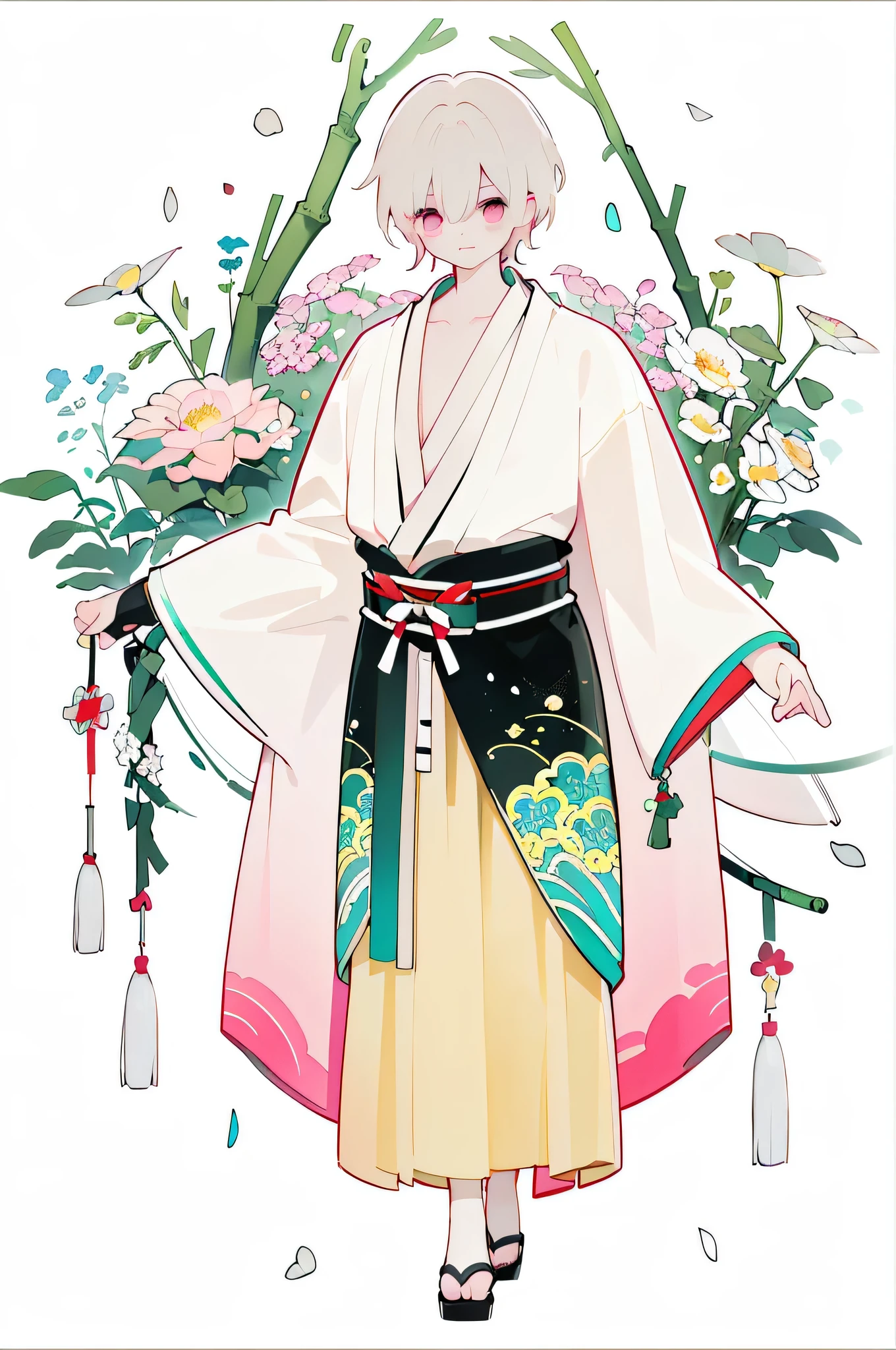 (Masterpiece:1.2)，Best quality，white backgrounid，Bamboo leaves，（1  boy：1.5，Full body standing painting，，looking at viewert），((Handsome，large tall，chest muscle)), deer antlers, Entwined vines, petals, Pink and white clothes, Zephyr elements, long  skirt，facial closeups，big beatiful eyes，detailed face with，Flashy clothes，Wide_Sleeves，sash，flower，Dreamy，Onmyoji detailed art, Traditional oriental art style, Beautiful painting style, ukiyo-style, A beautiful artwork illustration，Beautiful digital artwork，shoes，Footwear