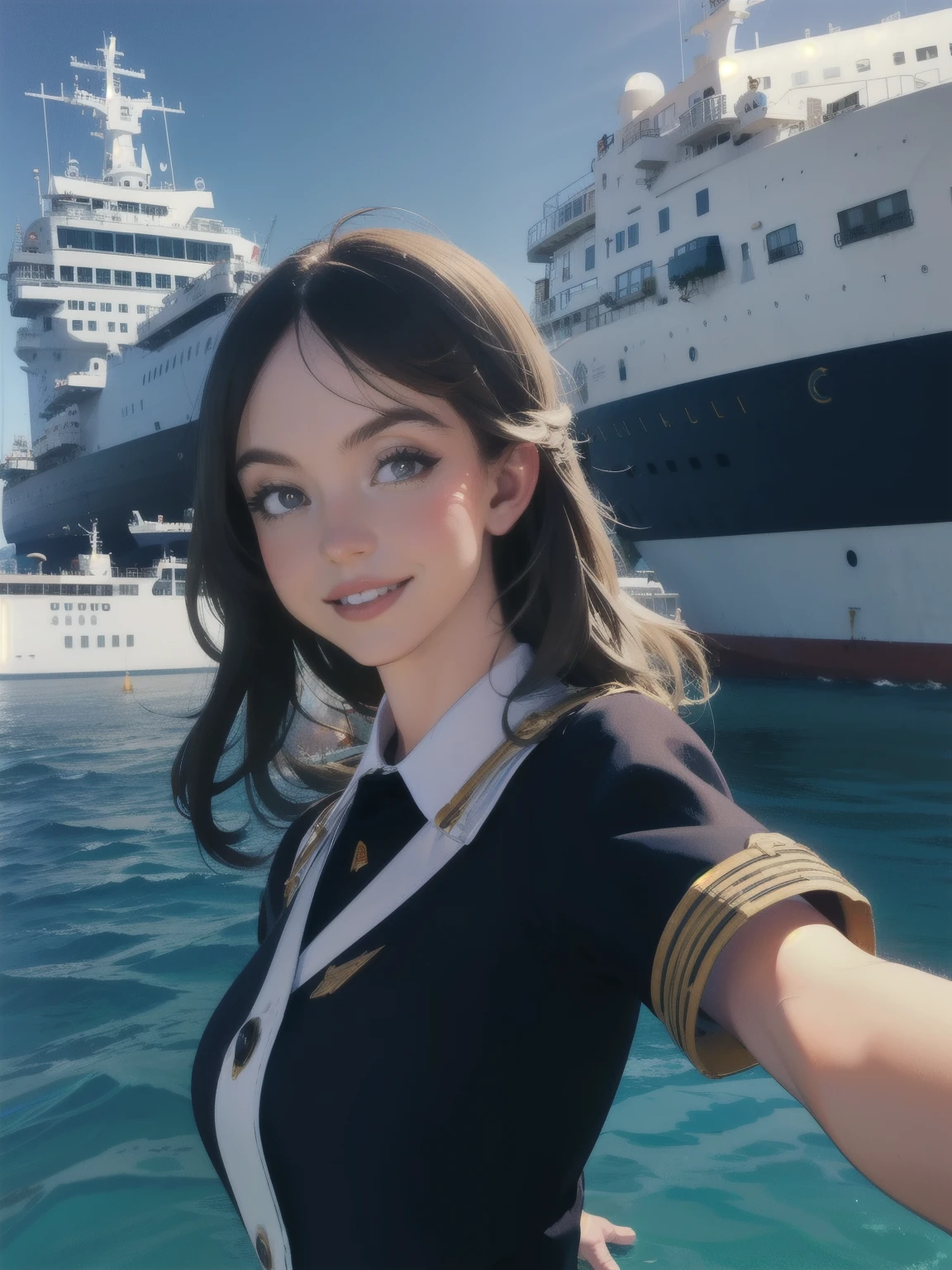 girl on a ship looking overbeard at the sea wearing a navy blue uniform, smiling, whales swimming, ocean, sunny, realistic, beautiful, scenery, dynamic light, sharp focus, bright pupils, illustration