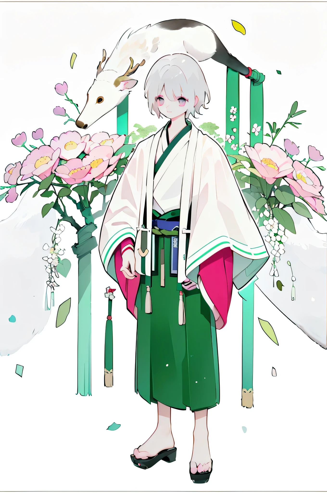 (Masterpiece:1.2),Best quality,white backgrounid,Bamboo leaves,(1 boy:1.5,Full body standing painting,,looking at viewert),((Handsome,large tall,chest muscle)), deer antlers, Entwined vines, petals, Pink and white clothes, Zephyr elements, long skirt,facial closeups,big beatiful eyes,detailed face with,Flashy clothes,Wide_Sleeves,sash,flower,Dreamy,Onmyoji detailed art, Traditional oriental art style, Beautiful painting style, ukiyo-style, A beautiful artwork illustration,Beautiful digital artwork,shoes,Footwear