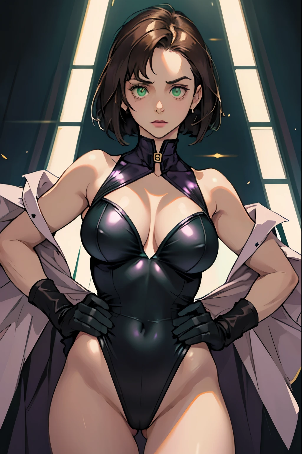 One girl, Mature Adult, Dark brown hair, Purple leotard,gloves, Hands on hips, casino, bracelet, Green Eyes, alone, single, Bob Hair