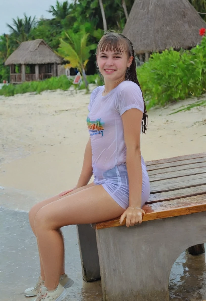 A soaked wet very embarrassed 18 years old brazillian girl, with wet hair and bangs ponytail, she is sitting on a bench on a paradise beach. She wears a cotton t-shirt and spandex tight shorts white sneakers, clearly not prepared for the water attractions. In the background, the backyard beach is full of visitors having fun, with waves and sand. The girl looks a little out of place, but is watching the movement around her, w3t, wetclothes, soakingwetclothes, ((cutest young face)), cuties ((full body)), full-length shot, slimwoman