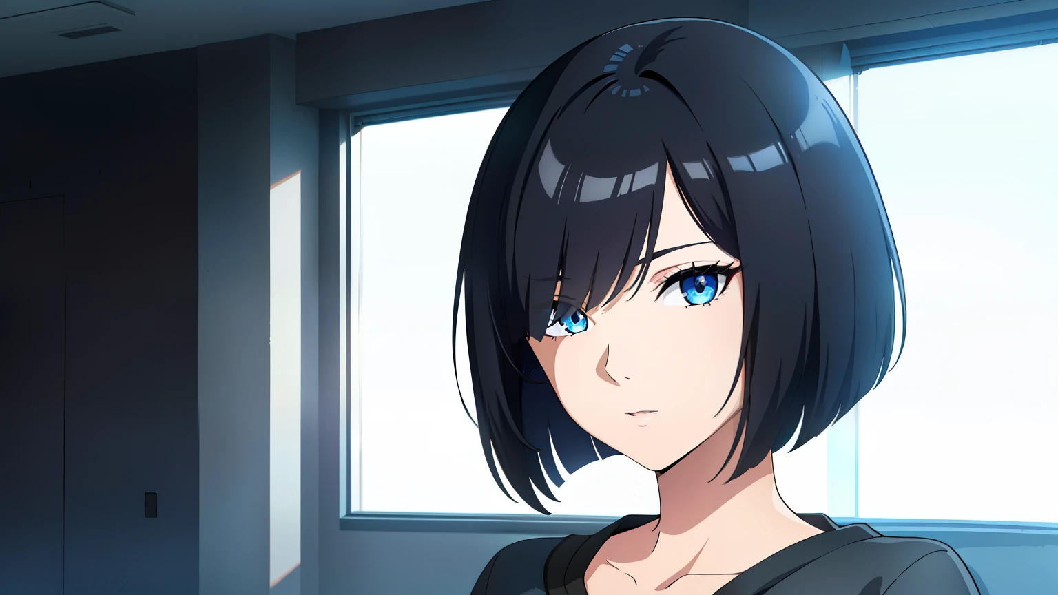 (best quality:1.5, highres, UHD, 4K, detailed eyes, detailed lighting, detailed hair, shaders), black hair, bob cut, hair covering one eye, cool woman, cool girl, sharp eyes, blue eyes, beautiful, large breasts, casual clothes, (pov, close shot)