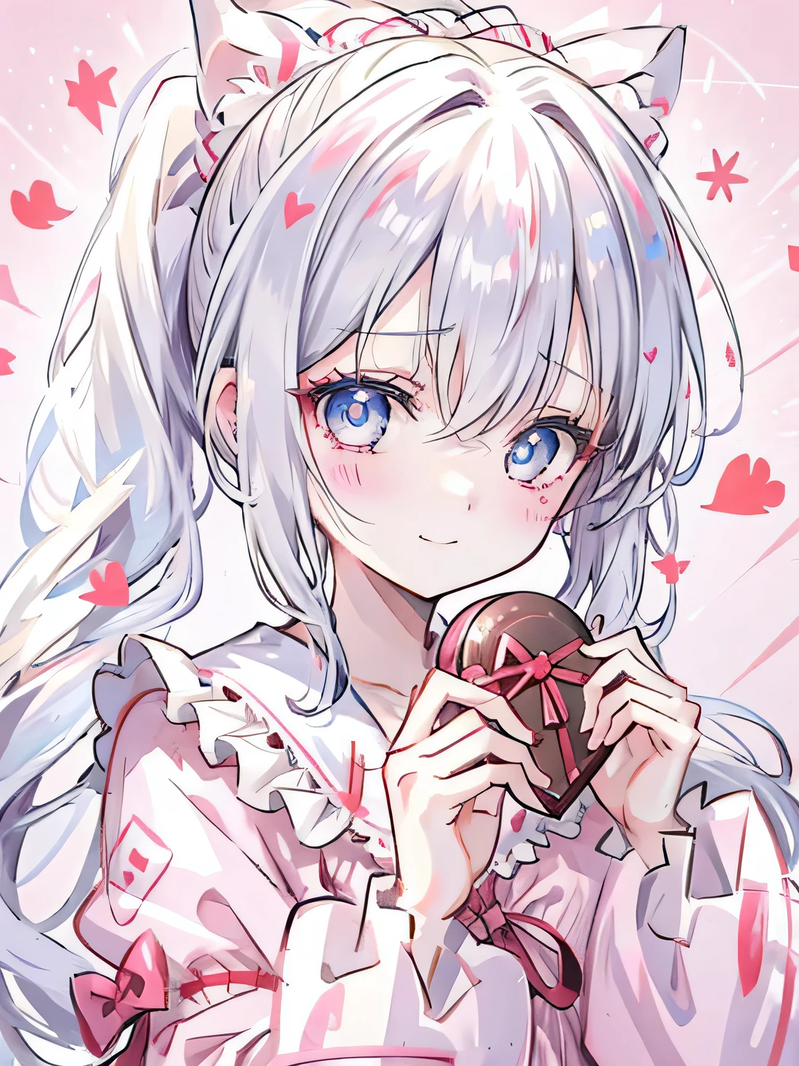 girl、pale blonde hair、(Side ponytail tied around the temporal lobe)、((The end of the ponytail is fluffy))、((BREAK))、blue eyes、beautiful eyes、big ribbon in hair knot、(Voluminous long-sleeved dress with lace)、(Embarrassed look)、((BREAK))、(((Valentine)))、holding a wrapped chocolate in his hand、chocolate present、((BREAK))、((Heart line pattern background:1.2))、close up of face、smile