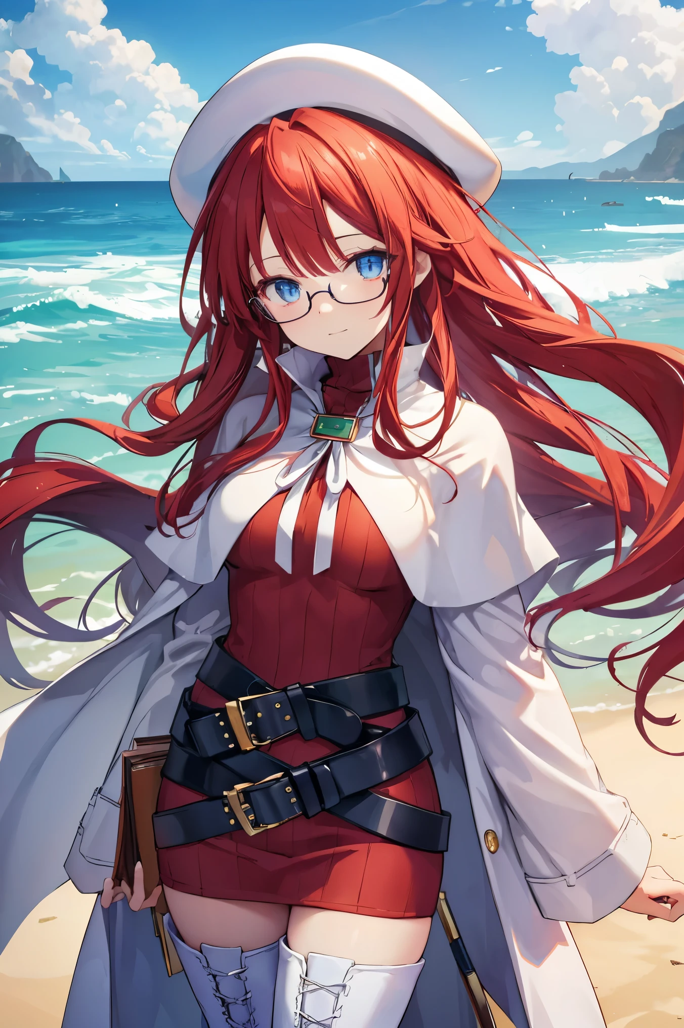 summonnightaty, aty, (young:1.3),long hair, blue eyes, red hair, big_berets, hat, glasses,
BREAK long hair, thighhighs, hat, dress, boots, glasses, belt, cape, sweater, zettai ryouiki, beret, thigh boots, white footwear, ribbed sweater, loose belt,solo,
BREAK outdoors, fantasy,on_beach,
,Highquality_hads,perfect_fingers,
BREAK (masterpiece:1.2), best quality, high resolution, unity 8k wallpaper, (illustration:0.8), (beautiful detailed eyes:1.6), extremely detailed face, perfect lighting, extremely detailed CG, (perfect hands, perfect anatomy),covered_nipples,covered_navel ,half_eyes,long_sword,sleepy,standing,red_sweater,apart_knees,magical_effect,spread_legs, have_a_book,teacher,rise_knee,Smile,rise_hand,look_down_viewer,spread_arms,sea​_waves,looking_into