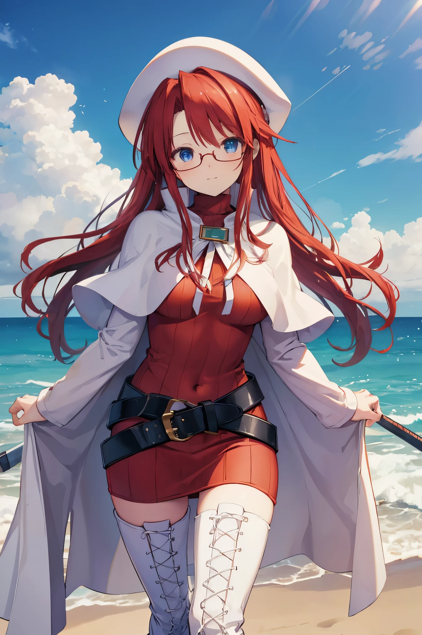 summonnightaty, aty, (young:1.3),long hair, blue eyes, red hair, big_berets, hat, glasses,
BREAK long hair, thighhighs, hat, dress, boots, glasses, belt, cape, sweater, zettai ryouiki, beret, thigh boots, white footwear, ribbed sweater, loose belt,solo,
BREAK outdoors, fantasy,on_beach,
,Highquality_hads,perfect_fingers,
BREAK (masterpiece:1.2), best quality, high resolution, unity 8k wallpaper, (illustration:0.8), (beautiful detailed eyes:1.6), extremely detailed face, perfect lighting, extremely detailed CG, (perfect hands, perfect anatomy),covered_nipples,covered_navel ,half_eyes,long_sword,sleepy,standing,red_sweater,apart_knees,magical_effect,spread_legs, have_a_book,teacher,rise_knee,Smile,rise_hand,look_down_viewer,spread_arms,sea​_waves,looking_into